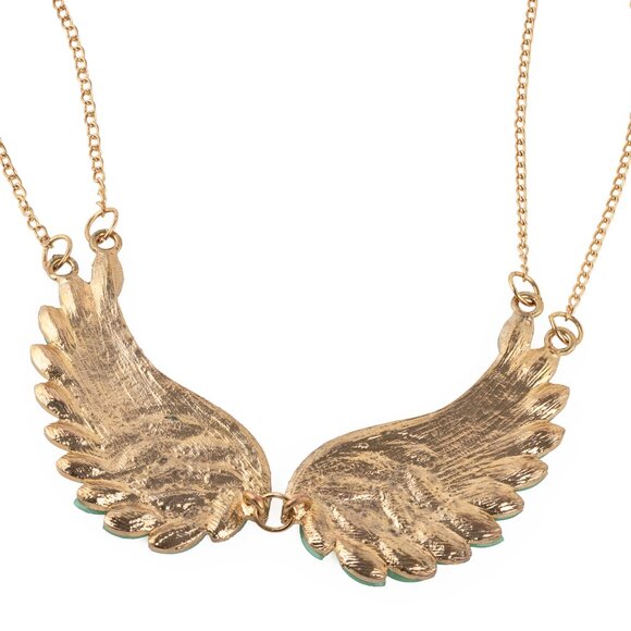 Angel Wing Statement Necklace Turquoise & Crystal Rhinestones on Gold Chain NWOT - Picture 8 of 10